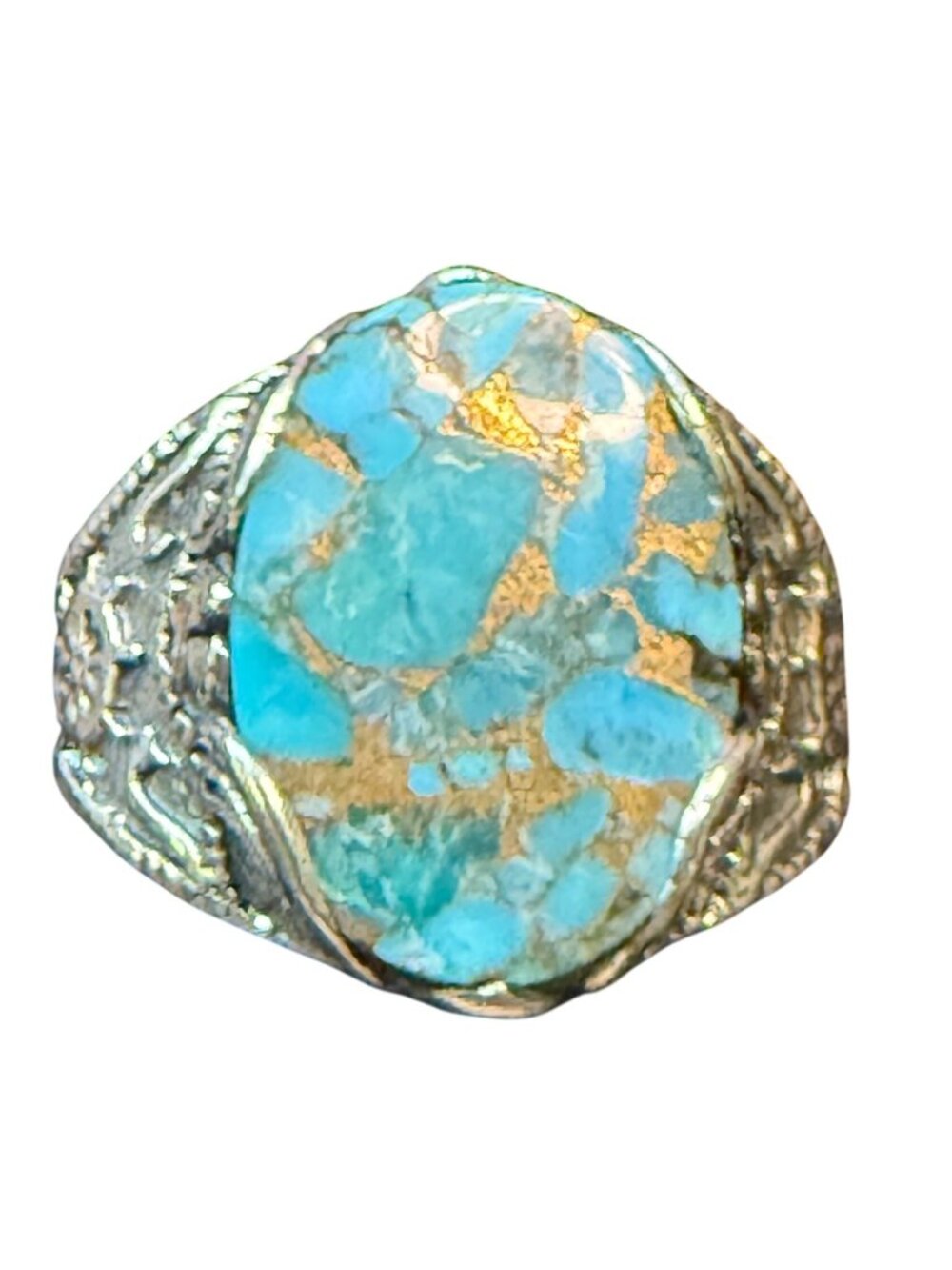 Sterling Silver Mens Ring Turquoise Stone & Nautical Engravings Size 9